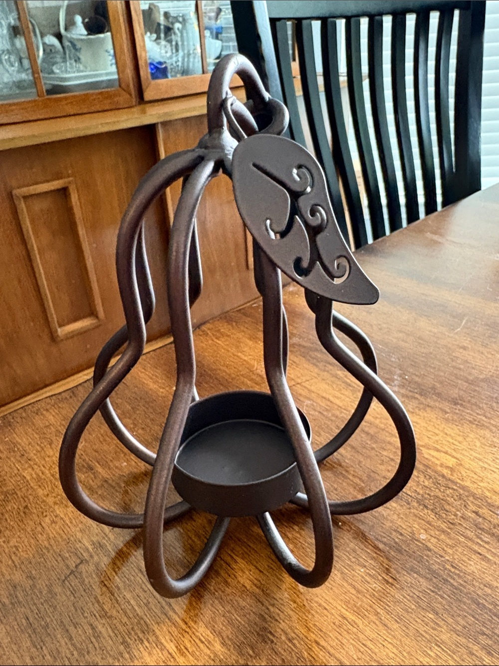 Brown Metal Pear Tealight Candle Holder with Leaf Accent